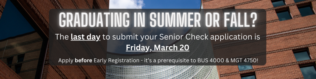 Peacock Hall with text overlay: Apply for Senior Check by 3/20!