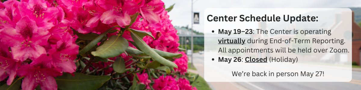 Pink flowers with text overlay: Office Virtual 5/19-5/23 & Closed 5/26