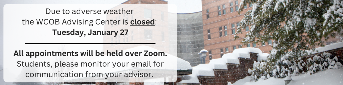 Snowy scene of Peacock Hall: Center is closed 1/27 due to adverse weather